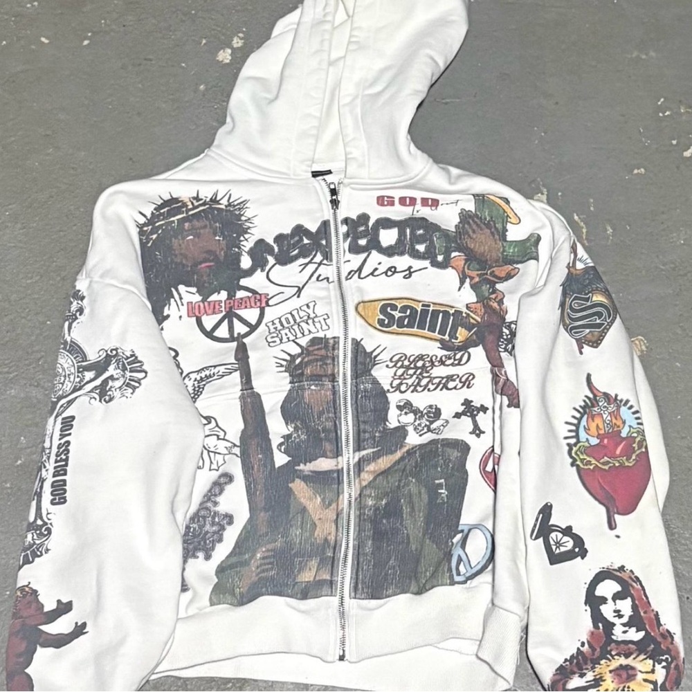 Graphic White Hoodie with Multicolor Prints